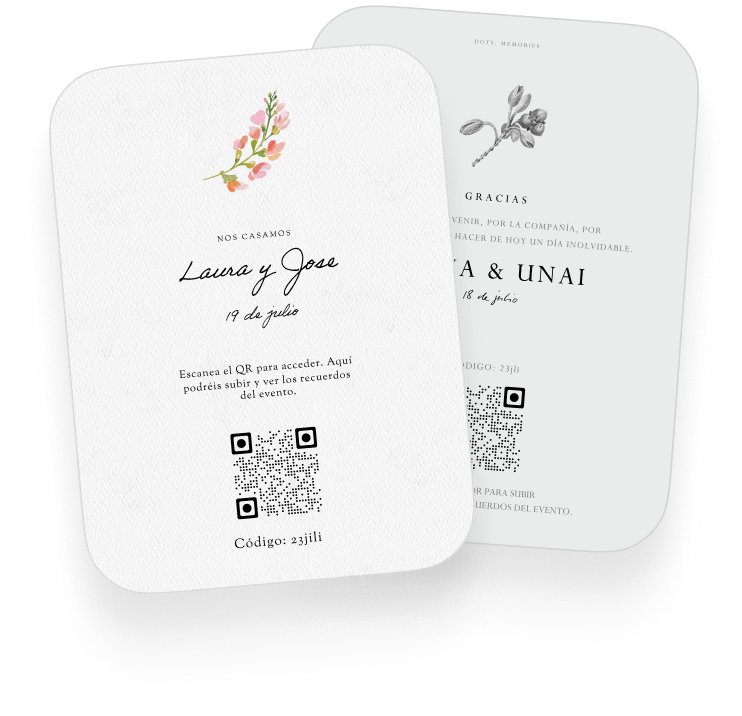 Wedding cards with a QR code so guests can upload their photos to the album