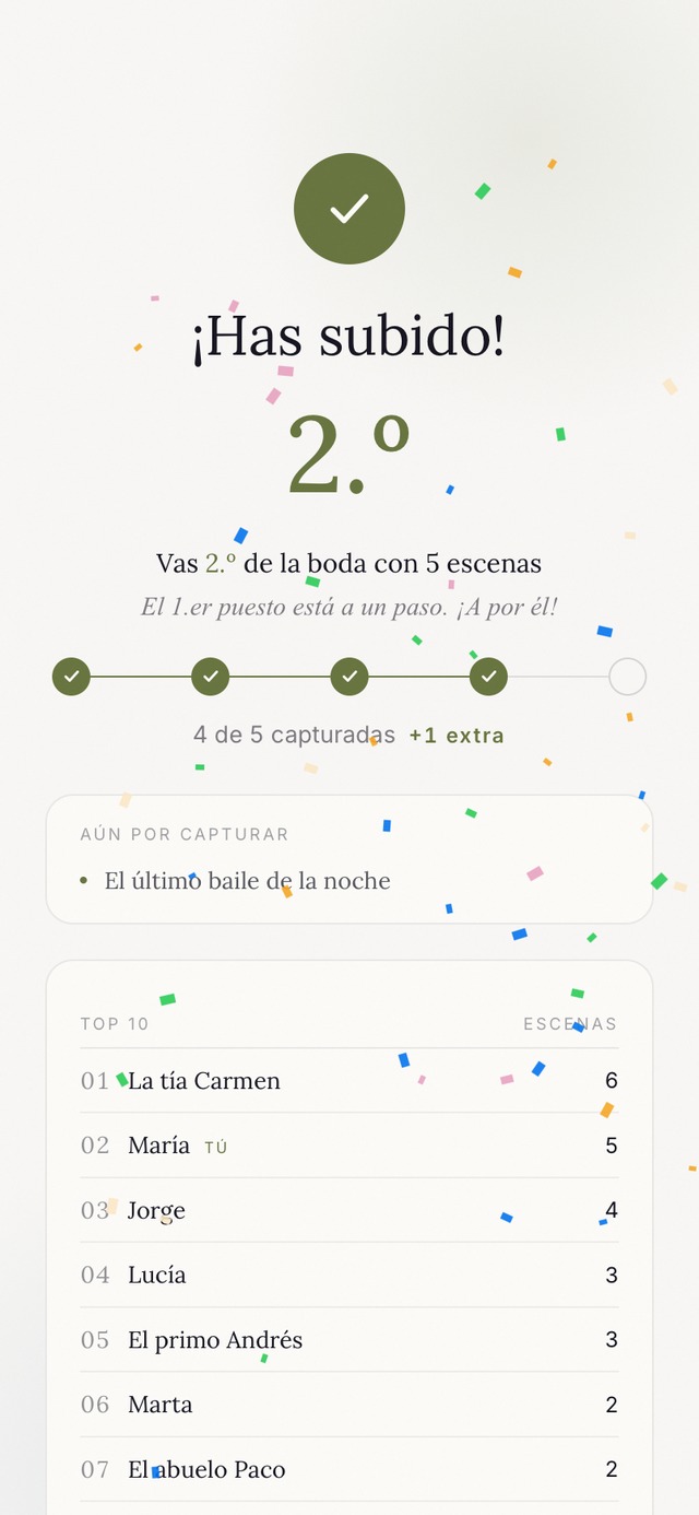 Pantalla de la app tras subir una foto: has subido al 2.º puesto, con la clasificación en vivo