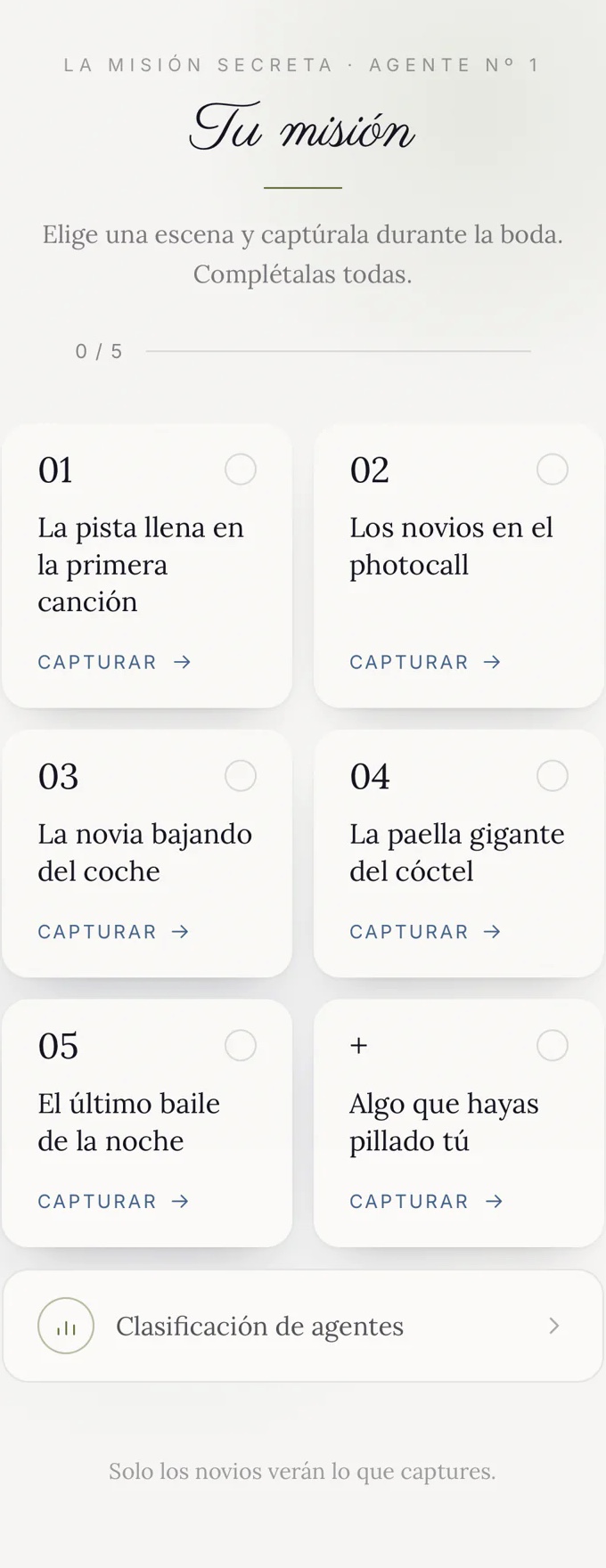 Pantalla del invitado con sus misiones al escanear el QR